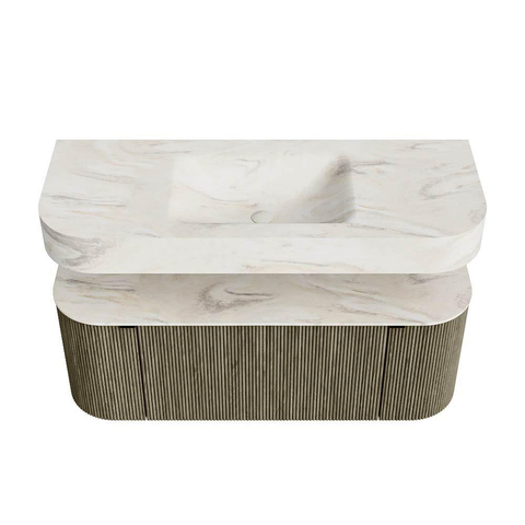 MONDIAZ THOR-DLUX 120cm meuble de salle de bains arrondi gauche + droite couleur Shadow avec 1 tiroir et 2 portes. Vasque suspendue CLOUD Milieu 1 trou de robinet couleur Ostra. SW1463167