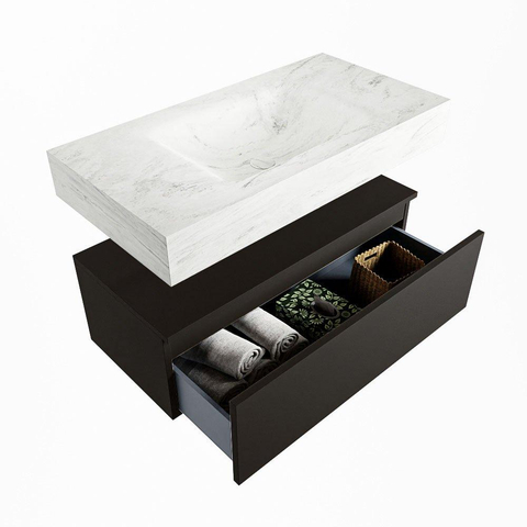 Mondiaz ALAN-DLUX Ensemble de meuble - 90cm - meuble Urban mat - 1 tiroir - Lavabo Cloud Opalo suspendu - vasque Centre - 1 trou de robinet SW806479