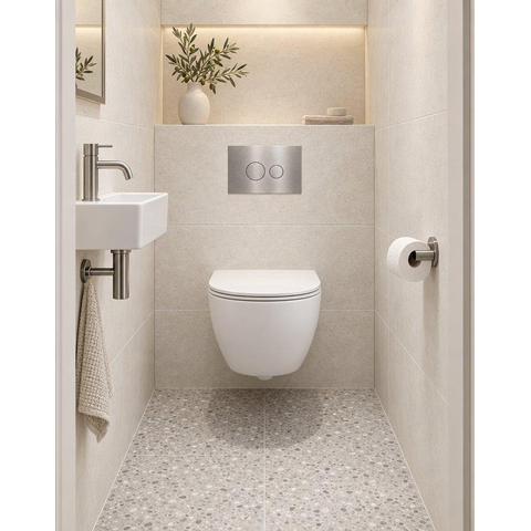 QeramiQ Dely Swirl Compact Toiletset - inbouwreservoir QeramiQ flush - slim zitting - metalen bedieningsplaat RVS - ronde knoppen - mat wit SW1590662