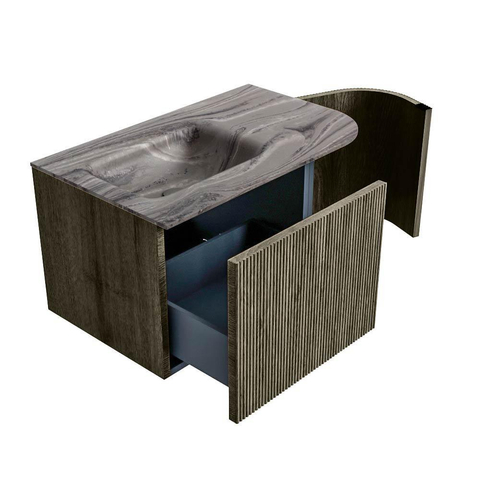MONDIAZ KURVE-DLUX Meuble de salle de bains 75 cm arrondi à droite couleur Shadow avec 1 tiroir et 1 porte. Vasque GRUNNE à gauche sans trou de robinet Sombra. SW1433722