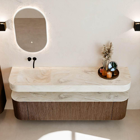 MONDIAZ THOR-DLUX Meuble de salle de bains 180cm arrondi gauche + droite couleur Walnut avec 2 tiroirs et 2 portes. Vasque suspendue CLOUD Gauche sans trou de robinet couleur Ostra. SW1465985