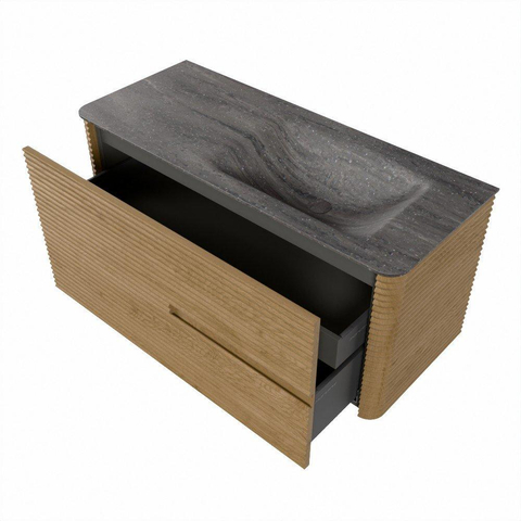 Mondiaz CIRO-DLUX Meuble de salle de bains - 110x45x50cm - Vasque en solid surface Oza - 1 lavabo à droite - sans trous de robinet - 2 tiroirs - Chêne SW1531114