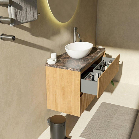 Saniclass Holz Atelier Ensemble meuble de salle de bains - 100x45x63cm - Noche plateau en pierre naturelle dark emperador - 1 trou de robinet - 2 tiroirs - chêne natural mat (bois) SW1478289
