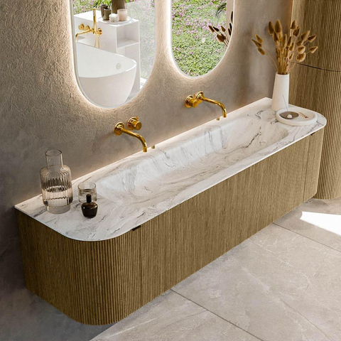 Mondiaz KURVE-DLUX Ensemble de meuble de salle de bains - 170x46x40cm - 1 tiroir - 2 portes - vasque solid surface - milieu - sans trou de robinet - Dusk SW1415496