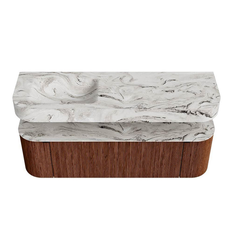 MONDIAZ THOR-DLUX 150cm meuble de salle de bains arrondi gauche + droite couleur Ruby avec 1 tiroir et 2 portes. Vasque suspendue CLOUD Gauche sans trou de robinet couleur Glace. SW1464549