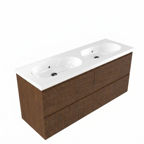 Saniclass Holz Atelier Badkamermeubelset - 140x45x63.5cm - Palermo keramische wastafel wit - 2 wasbakken - zonder kraangaten - 4 lades - mat walnut pure (hout) SW1579428
