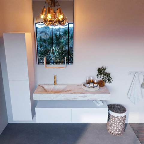 Mondiaz ALAN-DLUX Ensemble de meuble - 130cm - meuble Talc mat - 2 tiroirs - Lavabo Cloud Frappe suspendu - vasque Gauche - 1 trou de robinet SW804911