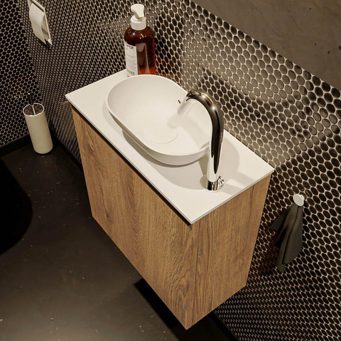 Mondiaz Fowy meuble de toilette - 50x50x23cm - chêne blanchi mat - 1 trou de robinet - lavabo à droite - 1 porte - solid surface - plan Mélamine - lavabo : blanc SW761414