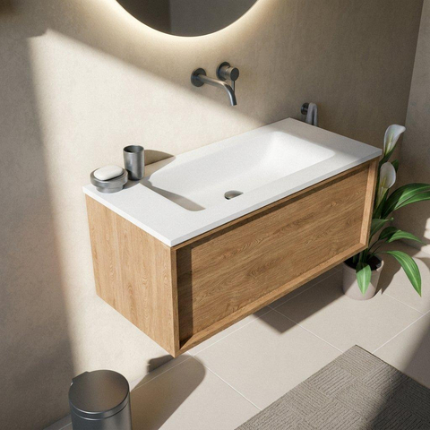 Saniclass Holz Frame Badkamermeubelset - 100x45x57.5cm - Torino solid surface wastafel wit - zonder kraangat - 1 lade - mat eiken natural (hout) SW1478659