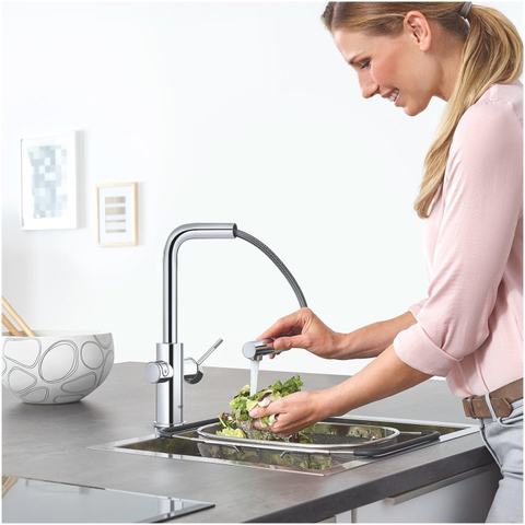 GROHE Blue Home Robinet de cuisine - bec en L extractible - monotrou - fonction de filtration - eau plate légère et pétillante - chrome SW236967