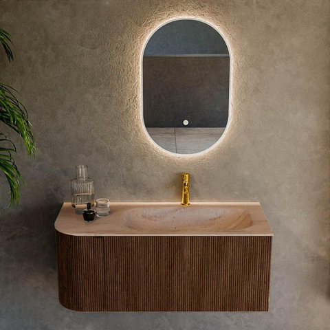 MONDIAZ KURVE-DLUX Meuble de salle de bains 105cm arrondi à gauche couleur Walnut avec 1 tiroir et 1 porte. Lavabo BIG SMALL à droite 1 trou de robinet Saba. SW1433156