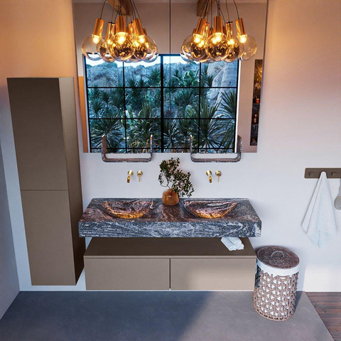 Mondiaz ALAN-DLUX Ensemble de meuble - 130cm - meuble Smoke mat - 2 tiroirs - Lavabo Cloud Lava suspendu - vasque Gauche et droite - 0 trous de robinet SW808227