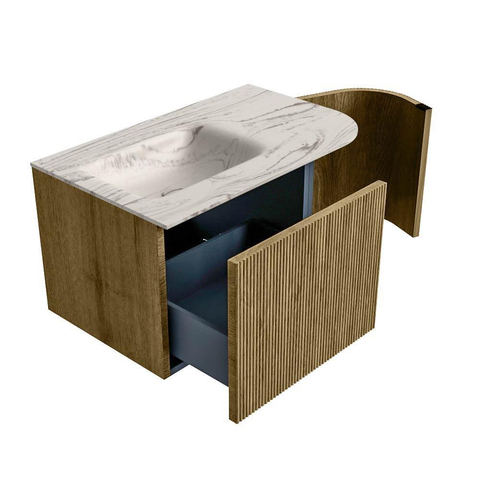 MONDIAZ KURVE-DLUX Meuble de salle de bains 75cm arrondi à droite couleur Dusk avec 1 tiroir et 1 porte. Lavabo GRUNNE à gauche 1 trou de robinet Nata. SW1434034