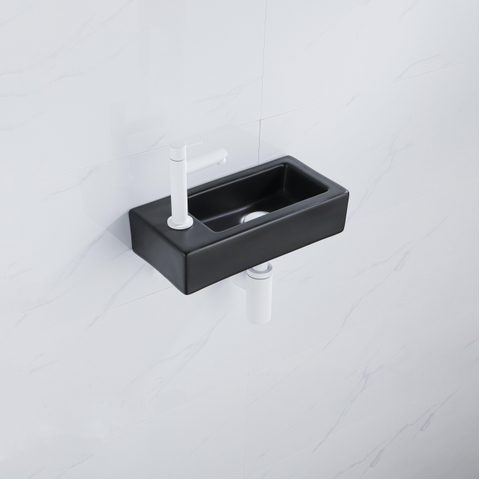 QeramiQ Fuente fonteinset – 37.5x18.5x9 cm – keramiek zwart mat – kraangat links – mat witte kraan SW1232739