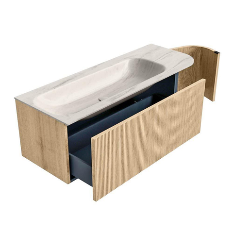 MONDIAZ KURVE-DLUX Meuble de salle de bains 125cm arrondi à droite couleur chêne avec 1 tiroir et 1 porte. Plan-vasque BIG MEDIUM à gauche sans trou de robinet Meli. SW1431605
