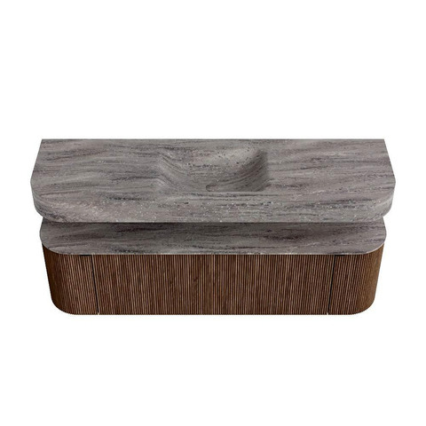 MONDIAZ THOR-DLUX 160cm meuble de salle de bains arrondi gauche + droite couleur Walnut avec 1 tiroir et 2 portes. Vasque suspendue CLOUD Milieu sans trou de robinet couleur Oza. SW1465300