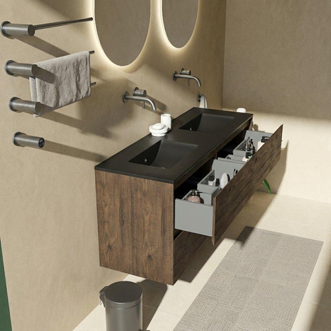Saniclass Holz Pure Badkamermeubelset - 140x45x62cm - Vygo keramische wastafel zwart - 2 wasbakken - zonder kraangaten - 4 lades - mat eiken charcoal (hout) SW1479006