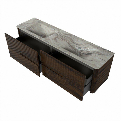 Mondiaz CIRO-DLUX Ensemble de meubles de salle de bains - 170x45x50cm - plan vasque Solid Surface Glace - 2 vasques Double - sans trous de robinet - 4 tiroirs - Noyer SW1530298
