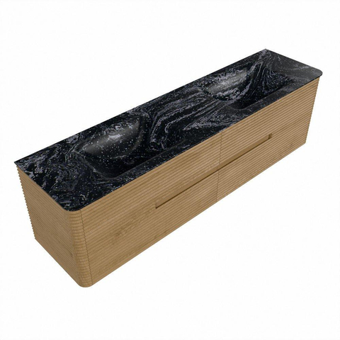 Mondiaz CIRO-DLUX Badkamermeubelset - 180x45x50cm - Solid surface wastafel Lava - 2 wasbak Dubbel - 2 kraangaten - 4 lades - Oak SW1531118