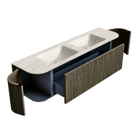 MONDIAZ KURVE-DLUX 170cm meuble de salle de bains arrondi Gauche + Droite couleur Shadow avec 1 tiroir et 2 portes. Lavabo LEAF Double sans trou de robinet Meli. SW1431805