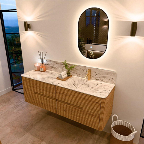 Mondiaz CIRO-DLUX Badkamermeubelset - 150x45x50cm - Solid surface wastafel Glace - 1 wasbak Rechts - 1 kraangat - 4 lades - Oak SW1530860