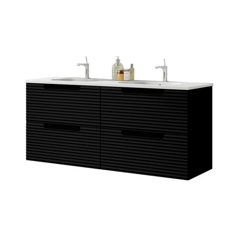Saniclass Prime Balance Meuble de salle de bain - 120x55x45cm - 2 vasques rectangulaires en céramique blanc - 2 trous de robinet - 4 tiroirs - miroir rectangulaire - noir mat SW916241