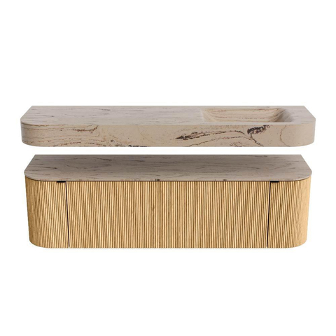 MONDIAZ THOR-DLUX 160cm meuble de salle de bains arrondi gauche + droite couleur Oak avec 1 tiroir et 2 portes. Vasque suspendue CLOUD Droite 1 trou de robinet couleur Arena. SW1465105