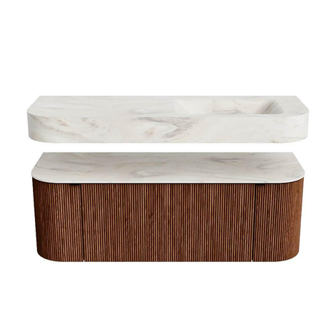 MONDIAZ THOR-DLUX 130cm meuble de salle de bains arrondi gauche + droite couleur Ruby avec 1 tiroir et 2 portes. Vasque suspendue CLOUD droite sans trou de robinet couleur Ostra. SW1463694