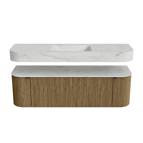MONDIAZ THOR-DLUX 150cm meuble de salle de bains arrondi gauche + droite couleur Dusk avec 1 tiroir et 2 portes. Vasque suspendue CLOUD Milieu sans trou de robinet couleur Opalo. SW1467669