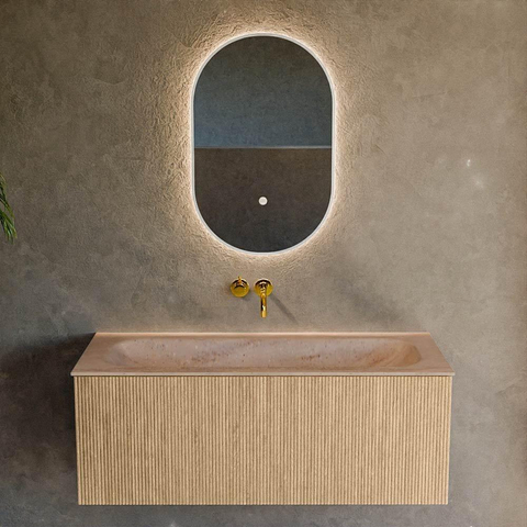 MONDIAZ KURVE-DLUX 110cm badmeubel kleur Oak met 1 lade en 0 deuren. Wastafel BIG MEDIUM Midden zonder kraangat Saba. SW1433074