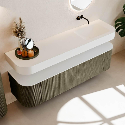MONDIAZ THOR 170cm meuble de salle de bains arrondi gauche + droite couleur Shadow avec 1 tiroir et 2 portes. Vasque suspendue CLOUD Droite sans trou de robinet couleur Talc. SW1465508