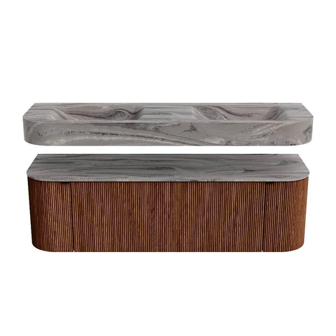 MONDIAZ THOR-DLUX 150cm meuble de salle de bains arrondi gauche + droite couleur Ruby avec 1 tiroir et 2 portes. Vasque suspendue CLOUD Double sans trou de robinet couleur Sombra. SW1464910
