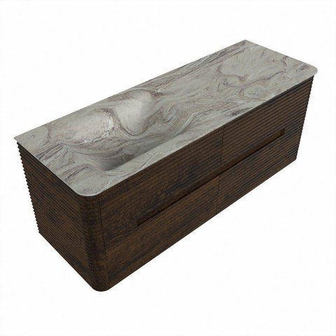 Mondiaz CIRO-DLUX Badkamermeubelset - 130x45x50cm - Solid surface wastafel Glace - 1 wasbak Links - zonder kraangaten - 4 lades - Walnut SW1530133