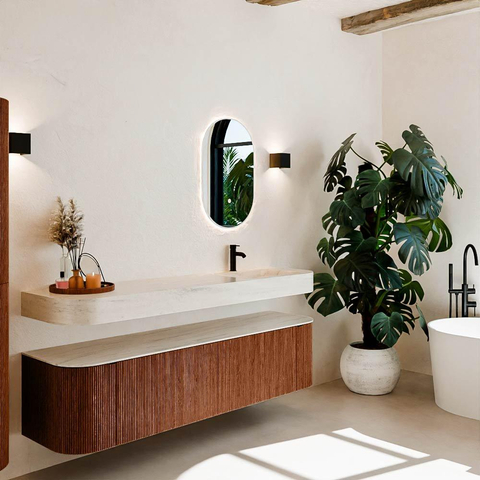MONDIAZ THOR-DLUX 180cm meuble de salle de bains arrondi gauche + droite couleur Ruby avec 2 tiroirs et 2 portes. Vasque suspendue CLOUD Droite 1 trou de robinet couleur Meli. SW1466170