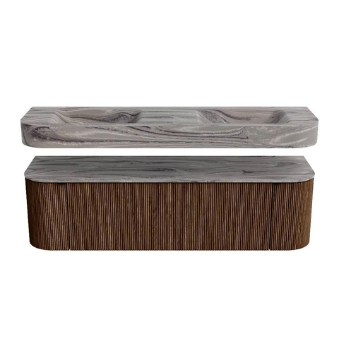 MONDIAZ THOR-DLUX Meuble de salle de bains 160cm arrondi gauche + droite couleur Walnut avec 1 tiroir et 2 portes. Vasque suspendue CLOUD Double sans trou de robinet couleur Sombra. SW1465399
