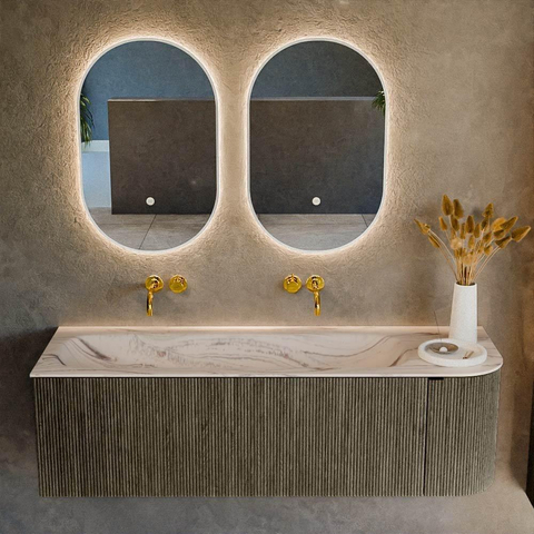 MONDIAZ KURVE-DLUX Meuble de salle de bains 145 cm arrondi à droite couleur Shadow avec 1 tiroir et 1 porte. Lavabo BIG LARGE à gauche sans trou de robinet Nata. SW1432297