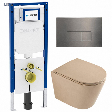 QeramiQ Dely Ensemble WC - 36.3x51.7cm - chasse profonde - sans bride - réservoir encastré Geberit UP720 - abattant WC softclose - plaque de commande gunmetal - boutons rectangulaires - beige mat SW1426531