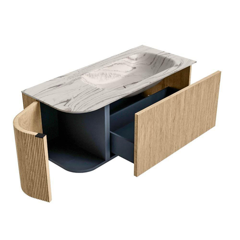 MONDIAZ KURVE-DLUX 105cm badmeubel ronding Links kleur Oak met 1 lade en 1 deur. Wastafel BIG SMALL Rechts 1 kraangat Nata. SW1432081