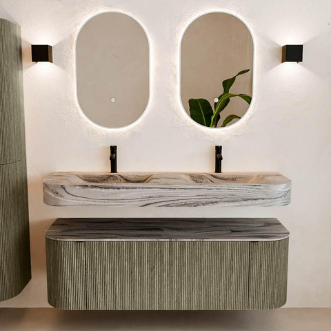 MONDIAZ THOR-DLUX 140cm meuble de salle de bains arrondi gauche + droite couleur Shadow avec 1 tiroir et 2 portes. Vasque suspendue CLOUD Double 2 trous de robinet couleur Sombra. SW1464241