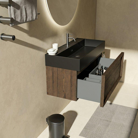 Saniclass Holz Frame Badkamermeubelset - 100x45x52cm - Legend keramische wastafel mat zwart - 1 wasbak - 1 kraangat - 1 lade - mat eiken charcoal (hout) SW1579690