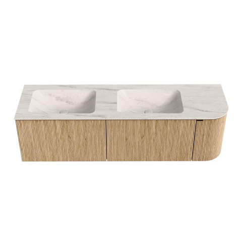 MONDIAZ KURVE-DLUX Meuble de salle de bains 155cm arrondi à droite couleur Chêne avec 2 tiroirs et 1 porte. Lavabo LEAF Double / Gauche sans trou de robinet Meli. SW1431660