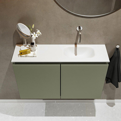 MONDIAZ TURE Fonteinset - 80x23x50cm - 0 kraangaten - 2 deuren - army mat - Wasbak rechts - Solid Surface Wit SW475006