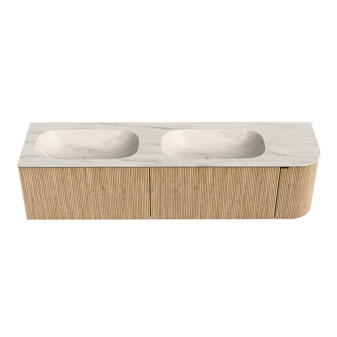 MONDIAZ KURVE-DLUX Meuble de salle de bains 175cm arrondi à droite couleur Oak avec 2 tiroirs et 1 porte. Lavabo STOR SMALL Double / gauche 2 trous de robinet Meli. SW1431468