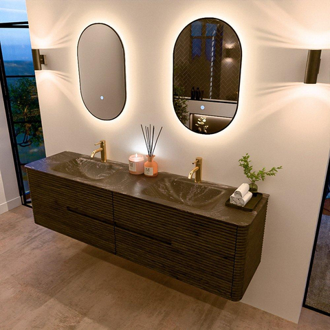 Mondiaz CIRO-DLUX Badkamermeubelset - 180x45x50cm - Solid surface wastafel Lava - 2 wasbak Dubbel - 2 kraangaten - 4 lades - Shadow SW1532495