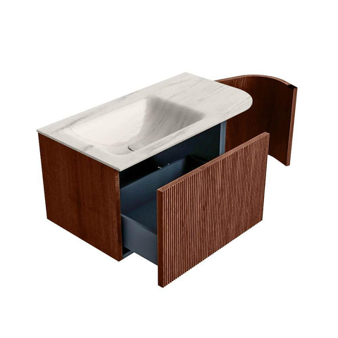MONDIAZ KURVE-DLUX Meuble de salle de bains 85cm arrondi à droite couleur Ruby avec 1 tiroir et 1 porte. Lavabo CLOUD gauche sans trou de robinet Meli. SW1431944
