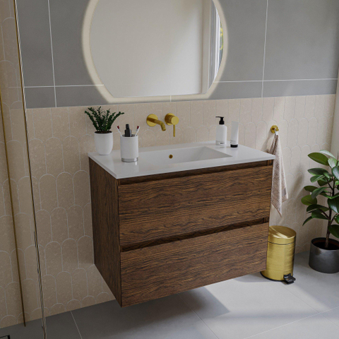 Saniclass Holz Pure Meuble de salle de bain - 80x45x60cm - 2 tiroirs - 1 vasque - sans trous de robinet - trop-plein - Walnut pure SW1439446