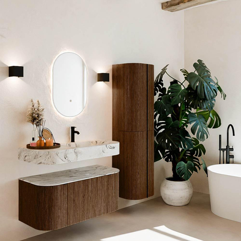 MONDIAZ THOR-DLUX 100cm meuble de salle de bains arrondi gauche + droite couleur Walnut avec 1 tiroir et 2 portes. Vasque suspendue CLOUD Droite 1 trou de robinet couleur Glace. SW1467407