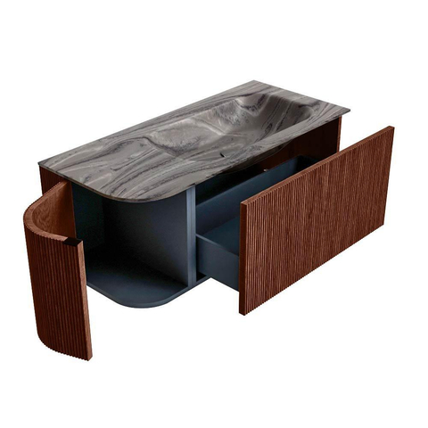 MONDIAZ KURVE-DLUX Meuble de salle de bains 105cm arrondi à gauche couleur Ruby avec 1 tiroir et 1 porte. Vasque BIG SMALL à droite sans trou de robinet Sombra. SW1433935