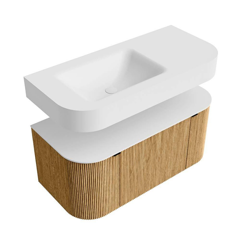 MONDIAZ THOR 100cm meuble de salle de bains arrondi gauche + droite couleur Oak avec 1 tiroir et 2 portes. Vasque suspendue CLOUD Gauche sans trou de robinet couleur Talc. SW1467340