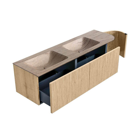MONDIAZ KURVE-DLUX 155cm badmeubel ronding Rechts kleur Oak met 2 lades en 1 deur. Wastafel LEAF Dubbel / Links zonder kraangat Saba. SW1433109